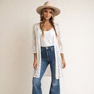 Women's White Embroidered Sheer Lace Long Sleeve Cardigan Duster Boho Sz Large